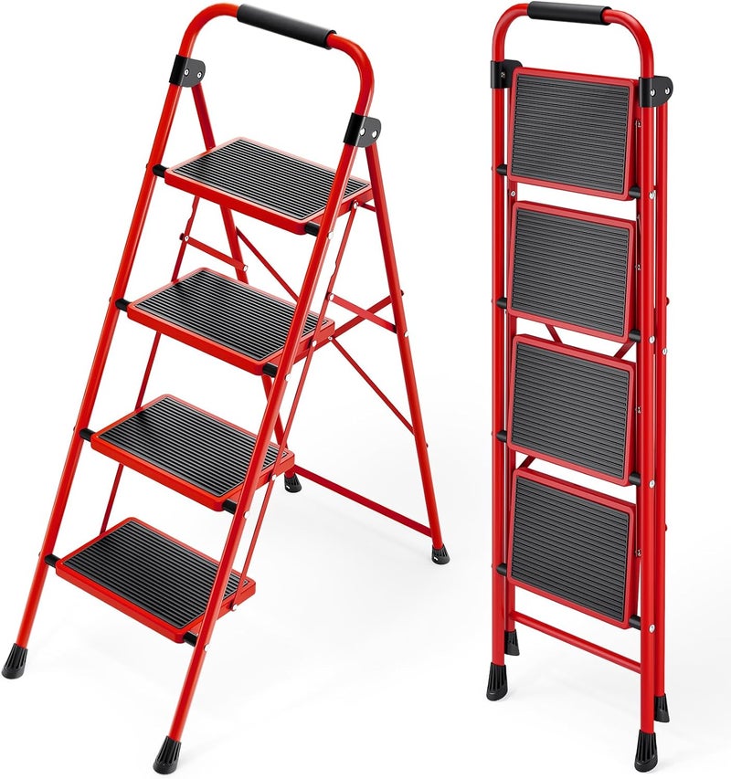 KINGRACK Step Ladder, Folding Ladder with Non-Slip and Wide Pedal, Small Ladders with Handle, Heavy Duty Steel Ladder, Lightweight Step Ladder (Red, 4 Step Ladder) - Image 1